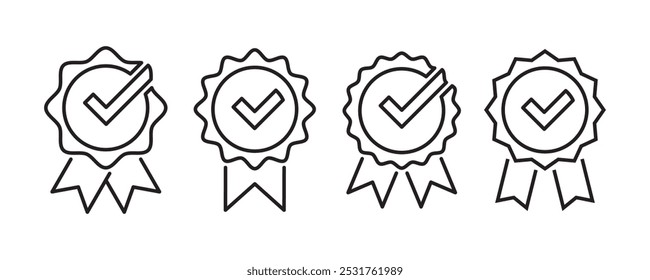 Medal quality icon with line style ribbon with approve or check mark isolated.quality mark. quality sign.approve or line certificate sign 