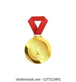 Medal with red ribbon isolated on white background. Trophy award. Vector illustration