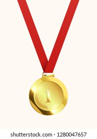 Medal with red ribbon isolated on white background. Trophy award. Vector illustration