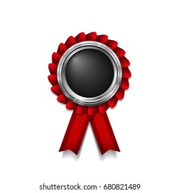 Medal with red ribbon. Metallic winner award. Vector illustration.