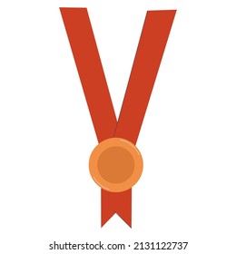 Medal with red ribbon for the winners. Bronze, third place. Competitor Award. Medal icon on a white background. Flat vector illustration. 