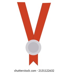 Medal with red ribbon for the winners. Silver, second place. Competitor Award. Medal icon on a white background. Flat vector illustration. 