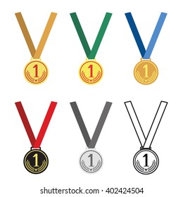 Medal with ribbon, award symbol, for 1st place set, isolated flat symbols on white background