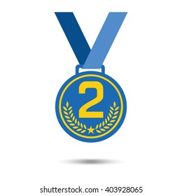 Medal with ribbon, award symbol for 2 place isolated flat symbols on white background