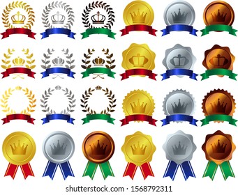 Medal and ribbon and crown vector illustration. Gold and silver bronze medal 