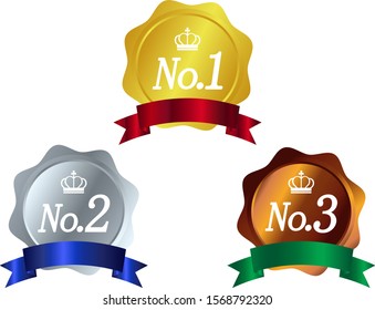 Medal and ribbon and crown vector illustration. Gold and silver bronze medal 