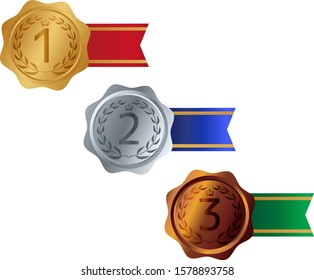Medal and ribbon and crown vector illustration. Gold and silver bronze medal 