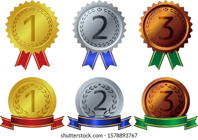 Medal and ribbon and crown vector illustration. Gold and silver bronze medal 