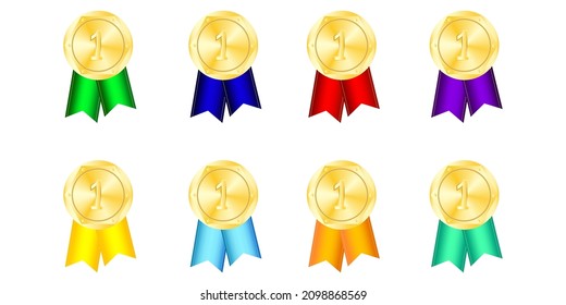 Medal with ribbon icon set. Winner sign. Big colored collection. Award element. Vector illustration. Stock image. 