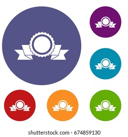 Medal with ribbon icons set in flat circle reb, blue and green color for web