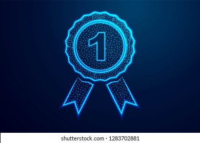 Medal, Ribbon, Number one. Award Icon. Abstract wireframe design. From connecting dot and line. Vector Illustration