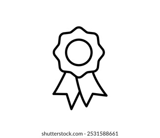 Medal with ribbon premium quality vector icon. Best choice label, certified badge, approval chec or award guarantee.