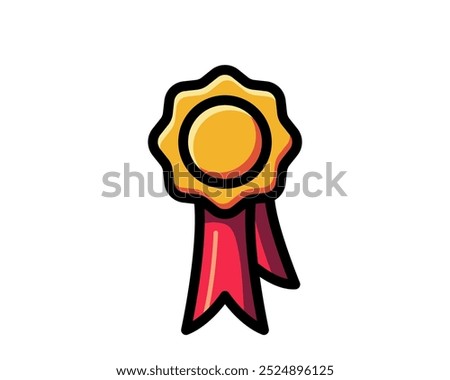 Medal with ribbon premium quality vector icon. Best choice label, certified badge, approval chec or award guarantee.