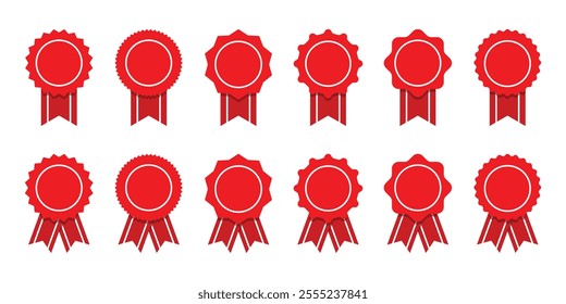 Medal with ribbon set vector illustration. Winner award icon. Best choice badge. Achievement label.