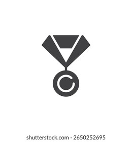 Medalha com ícone de vetor sólido de fita. Um ícone de glifo mostrando uma medalha com fita. Este símbolo de ícone representa um sinal de honra e um símbolo de sucesso acadêmico.