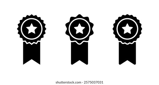 Medal ribbon with star icon set. Winner rosette badge sign symbol