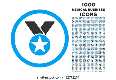 Medal rounded vector bicolor icon with 1000 medical business icons. Set style is flat pictograms, blue and gray colors, white background.