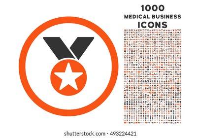 Medal rounded vector bicolor icon with 1000 medical business icons. Set style is flat pictograms, orange and gray colors, white background.
