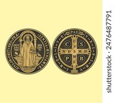 Medal of Saint Benedict Sacred Holy Cross Colored Vector Illustration. Translation of the Latin text: The Cross of the Holy Father Benedict. May we be strengthened by your presence at the hour of our 