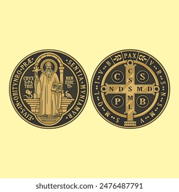 Medal of Saint Benedict Sacred Holy Cross Colored Vector Illustration. Translation of the Latin text: The Cross of the Holy Father Benedict. May we be strengthened by your presence at the hour of our 