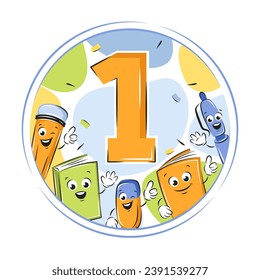 Medal for school children, first place. Champion and winner awards medal. School funny office supplies characters in cartoon style. Vector illustrations 