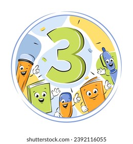Medal for school children, third place. Champion and winner awards medal. School funny office supplies characters in cartoon style. Vector illustrations