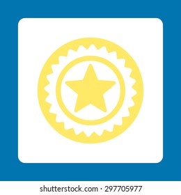 Medal seal icon from Award Buttons OverColor Set. Icon style is yellow and white colors, flat rounded square button, blue background.