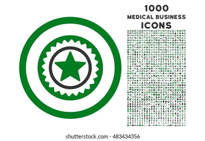 Medal Seal rounded vector bicolor icon with 1000 medical business icons. Set style is flat pictograms, green and gray colors, white background.