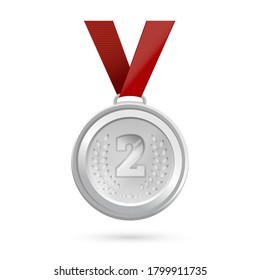 Medal for second place. Silver 2nd place badge. Silver medal with the image of the number 2 and an olive branch. Vector illustration