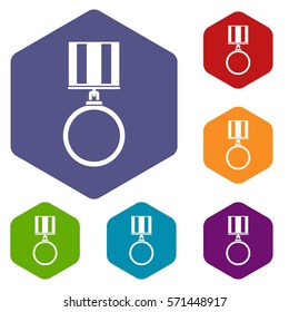Medal for services icons set rhombus in different colors isolated on white background