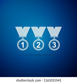 Medal set icon isolated on blue background. Winner simbol. Flat design. Vector Illustration