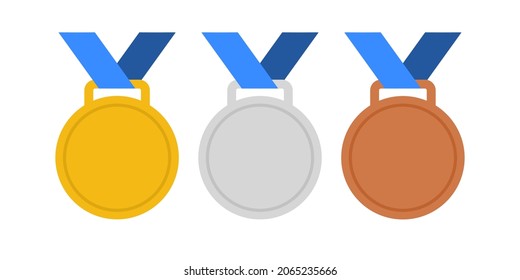 Medal set icon vector illustration. Golden, silver and bronze medal with blue ribbon