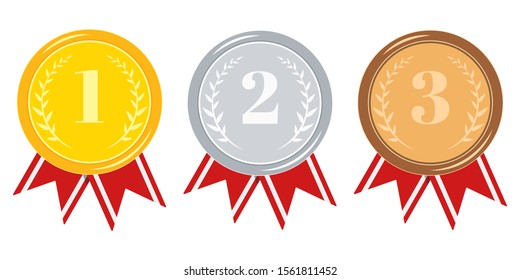 Medal set isolated on white background: golden, silver, bronze medal with laurel branches and red ribbon isolated on white background. Icon  first, second, third place. Vector flat design illustration