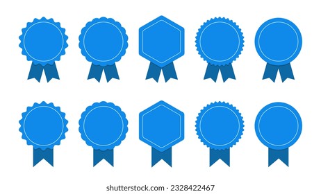 Medal set with ribbon. Blue award badges. Vector seal collection in flat style