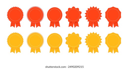 Medal set with ribbon. Trophy award badges, achievement flat label. Vector