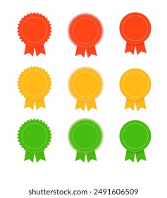 Medal set with ribbon. Trophy award badges, achievement flat label. Vector