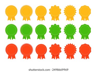 Medal set with ribbon. Trophy award badges, achievement flat label. Vector