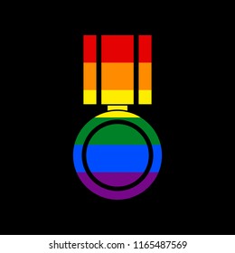 Medal sign illustration. Vector. Icon with colors of LGBT flag at black background.