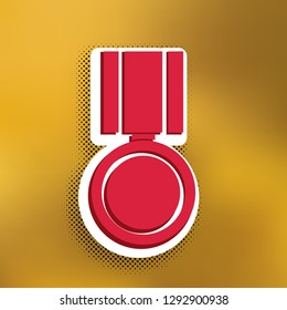 Medal sign illustration. Vector. Magenta icon with darker shadow, white sticker and black popart shadow on golden background.