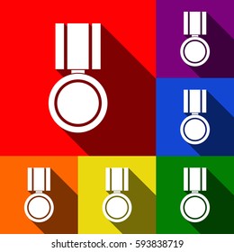 Medal sign illustration. Vector. Set of icons with flat shadows at red, orange, yellow, green, blue and violet background.