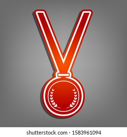 Medal simple sign. Flat red icon with linear white icon with gray shadow at grayish background. Illustration.