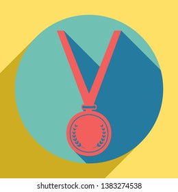 Medal simple sign. Sunset orange icon with llapis lazuli shadow inside medium aquamarine circle with different goldenrod shadow at royal yellow background.