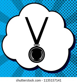 Medal simple sign. Vector. Black icon in bubble on blue pop-art background with rays.