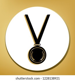 Medal simple sign. Vector. Black icon with light brown shadow in white circle with shaped ring at golden background.
