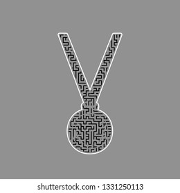 Medal simple sign. Vector. Black maze filled icon with white border at gray background.
