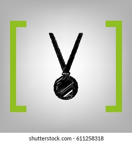Medal simple sign. Vector. Black scribble icon in citron brackets on grayish background.