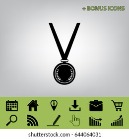 Medal simple sign. Vector. Black icon at gray background with bonus icons 