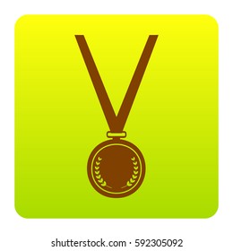 Medal simple sign. Vector. Brown icon at green-yellow gradient square with rounded corners on white background. Isolated.