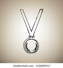 Medal simple sign. Vector. Brush drawed black icon at light brown background.