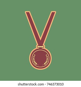 Medal simple sign. Vector. Cordovan icon and mellow apricot halo with light khaki filled space at russian green background.